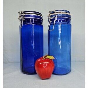 Cobalt Blue Jar Set of 2 Glass Canister Vintage 10" Tall